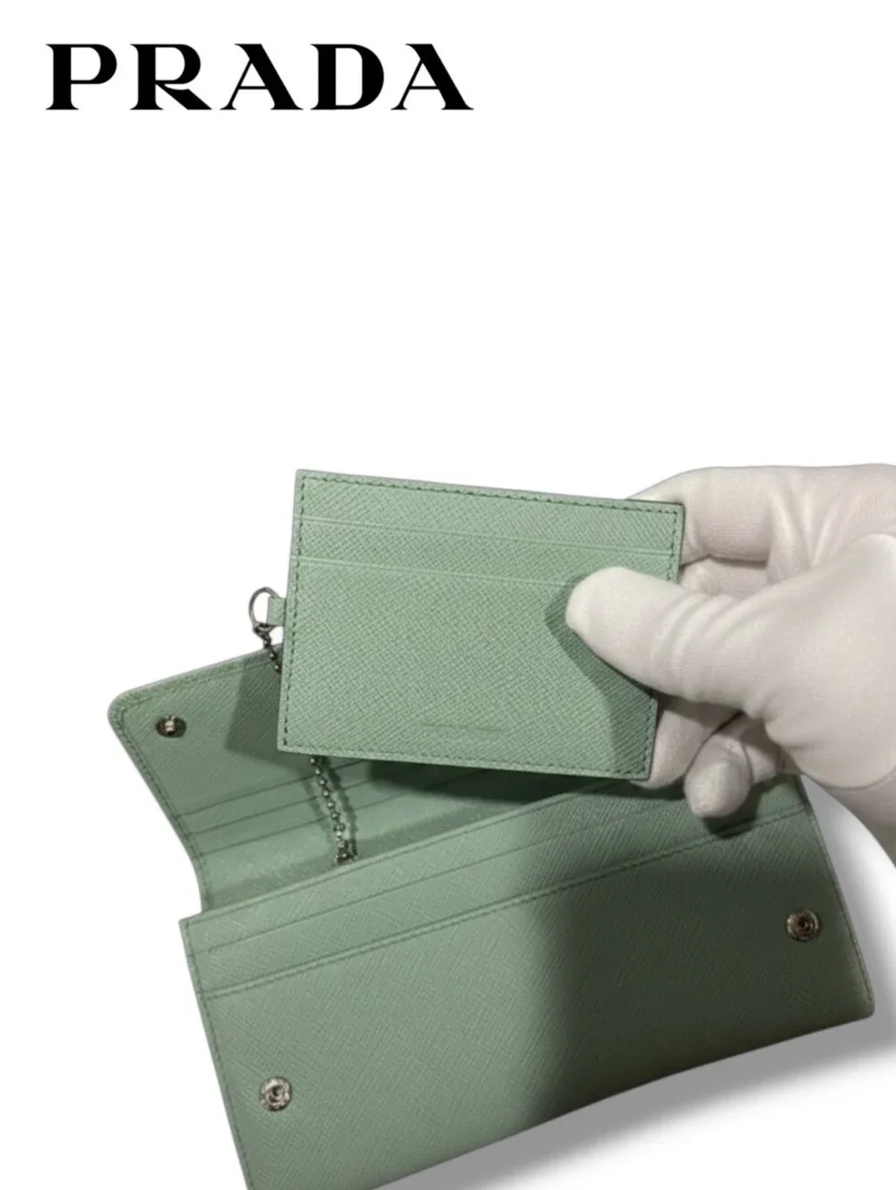 PRADA Fiocco Bow Saffiano Leather Long Wallet Green Foldover Clutch Flap Italy